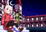  2girls :d animal_ears black_legwear blush cat_ears cat_tail clock clock_tower crescent_moon green_eyes green_hair hair_ornament hairclip highres looking_at_viewer moon muku-coffee multiple_girls original panties panties_under_pantyhose pantyhose pantyshot pantyshot_(sitting) plaid plaid_skirt red_eyes shooting_star short_hair sitting skirt smile tail thigh-highs tower underwear white_hair 