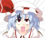  1girl bat_wings blood blue_hair hat knife knifed masara open_mouth red_eyes remilia_scarlet solo touhou wings 