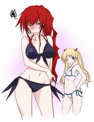  2girls ;) bare_shoulders bikini black_bikini blonde_hair blush breasts christiane_friedrich embarrassed front-tie_top full-face_blush hand_on_hip kawagishi_keitarou large_breasts maji_de_watashi_ni_koi_shinasai! maji_de_watashi_ni_koi_shinasai!_s margit_eberbach mound_of_venus multiple_girls navel red_eyes redhead side-tie_bikini side_ponytail string_bikini swimsuit twintails violet_eyes white_bikini wink 