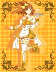  1girl alcohol bare_shoulders boots choker cocktail_glass cure_sunny dress earrings hair_bun hair_ornament hair_ribbon hino_akane jewelry magical_girl maid necktie orange_background orange_dress orange_eyes orange_hair precure ribbon short_hair skirt smile smile_precure! solo thigh-highs 