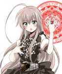  1girl apron belt charlie_(earlychang) female green_eyes haiyore!_nyaruko-san jewelry kamen_rider kamen_rider_wizard kamen_rider_wizard_(series) long_hair magic_circle nyarlathotep_(nyaruko-san) parody ring silver_hair solo 