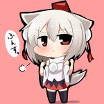  1girl animal_ears bare_shoulders black_legwear blush chibi clenched_hand detached_sleeves frown hat inubashiri_momiji red_eyes short_hair skirt solo tail thigh-highs tokin_hat touhou twumi white_hair wolf_ears wolf_tail 