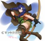  1girl blue_hair blush boots bow_(weapon) braid breasts brown_eyes crossover dragon&#039;s_crown elf gloves hat idolmaster kisaragi_chihaya large_breasts long_hair pointy_ears solo thigh-highs thigh_boots twin_braids wata_do_chinkuru weapon 