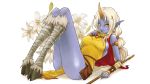 bandages breasts earrings flower highres hooves horn jewelry knees_together league_of_legends lying pouch purple_skin sideboob soraka white_hair yellow_eyes 