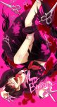  1girl black_hair blood braid dangan_ronpa dual_wielding fukawa_touko glasses glowing glowing_eyes happy_birthday long_hair open_mouth qq228389793 red_eyes school_uniform scissors serafuku solo thigh_strap tongue twin_braids upside-down 