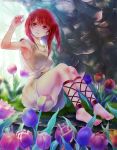  1girl ankle_lace-up armpits barefoot cave cross-laced_footwear dress feet flower grass magi_the_labyrinth_of_magic morgiana nature red_eyes redhead sitting 