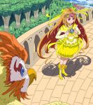 1girl bird boots bow brooch brown_hair bubble_skirt choker circlet cure_muse_(yellow) dress earrings frills hair_bow heart jewelry long_hair magical_girl noise_(suite_precure) oprecho9 p-chan_(suite_precure) pink_eyes precure shirabe_ako smile suite_precure very_long_hair yellow_dress 