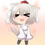  &gt;_&lt; 1girl :d animal_ears bare_shoulders black_legwear blush detached_sleeves hat inubashiri_momiji open_mouth short_hair skirt smile solo tail tail_wagging thigh-highs tokin_hat touhou twumi white_hair wolf_ears wolf_tail 