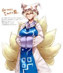  1girl blonde_hair breasts didloaded dress fox_tail hands_in_sleeves hat hat_with_ears large_breasts long_sleeves looking_at_viewer multiple_tails simple_background solo tabard tail touhou translation_request white_background white_dress wide_sleeves yakumo_ran yellow_eyes 