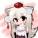  1girl alternate_hair_length alternate_hairstyle animal_ears bare_shoulders blush detached_sleeves hat inubashiri_momiji long_hair open_mouth red_eyes skirt smile solo tail tokin_hat touhou twumi white_hair wolf_ears wolf_tail 