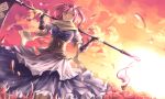  1girl breasts dress flower frown onozuka_komachi petals red_eyes redhead ruukii_drift scarf scythe solo spider_lily sunset touhou 