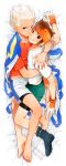  2boys barefoot black_legwear blue_eyes blush brown_eyes brown_hair cuddling dakimakura endou_mamoru gloves gouenji_shuuya headband highres inazuma_eleven inazuma_eleven_(series) kinokooooo multiple_boys smile soccer_uniform socks white_hair yaoi 