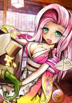  1girl artist_request blush breasts butterfly cleavage clip fluttershy green_eyes green_tea highres japanese_clothes long_hair my_little_pony my_little_pony_friendship_is_magic open_mouth personification pink_hair solo tagme 