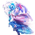  1girl artist_request blue_eyes blue_hair blush boots dress feathers flower hair_flower hair_ornament magic open_mouth original scepter simple_background solo water weapon white_background 