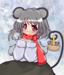  1girl animal_ears basket bespectacled blush coat cold glasses gradient gradient_background grey_hair highres looking_at_viewer mouse mouse_ears mouse_tail nazrin o_omune_(kagu8) red_eyes scarf short_hair skirt sleeves_past_wrists solo tail touhou 