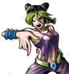  1girl black_hair blue_eyes bracelet ceramic_man double_bun green_hair hand_on_hip highres jewelry jojo_no_kimyou_na_bouken kuujou_jolyne midriff multicolored_hair navel_piercing piercing solo two-tone_hair 