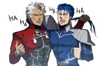  2boys anger_vein archer awa_suna blue_hair fate/stay_night fate_(series) lancer long_hair multiple_boys ponytail pulling_hair thumbs_up white_hair 