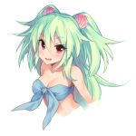  1girl :d cleavage green_hair jewelry long_hair mermaid monster_girl muromi-san namiuchigiwa_no_muromi-san necklace open_mouth red_eyes seashell shell smile solo twintails 