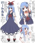  1girl alternate_hairstyle anger_vein blue_hair bow breasts cleavage dress hair_bow hakano_shinshi hat highres kamishirasawa_keine long_hair open_mouth ponytail red_eyes ribbon solo sweat touhou translation_request whistle 