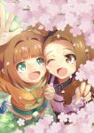  2girls brown_eyes brown_hair cherry_blossoms clover dress frog green_eyes headband holding_hands idolmaster jacket leaf minase_iori multiple_girls open_mouth orange_hair shoes skirt smile sneakers takatsuki_yayoi thigh-highs twintails wallet 