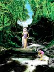  2girls animal_ears forest hands_on_hips inaba_tewi long_hair multiple_girls nature oimoimomo rabbit_ears reisen_udongein_inaba river standing touhou tree very_long_hair 