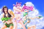  3girls bikini black_hair blue_eyes blue_sky double_bun drink dual_wielding foo_fighters green_hair hairlocs hermes_costello jojo_no_kimyou_na_bouken kuujou_jolyne lips multiple_girls navel_piercing overalls piercing pink_hair short_shorts shorts side-tie_bikini sky small_breasts straw swimsuit twin_braids water_gun yugo_nf 