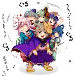  blue_eyes blue_hair bow brown_hair cape choo_choo_train dress earmuffs fox_mask green_dress green_eyes green_hair grey_hair hair_ornament hat hata_no_kokoro highres japanese_clothes jewelry jiangshi kaku_seiga long_hair long_sleeves looking_at_viewer mask miyako_yoshika mononobe_no_futo multiple_girls ofuda open_mouth pink_eyes pink_hair ponytail sandals shirt short_hair silver_hair sisikuku skirt sleeveless smile soga_no_tojiko star tate_eboshi touhou toyosatomimi_no_miko wide_sleeves 