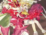  119 1girl blonde_hair flandre_scarlet hat open_mouth outstretched_arm outstretched_hand red_eyes short_hair solo touhou 