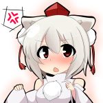  1girl anger_vein animal_ears bare_shoulders blush bust detached_sleeves hat inubashiri_momiji open_mouth red_eyes short_hair solo tokin_hat touhou twumi white_hair wide_sleeves wolf_ears 