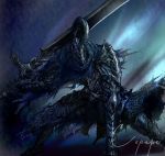  1boy arm_support armor artorias_the_abysswalker cape copepe dark_souls full_armor gauntlets helmet highres knight sword weapon 