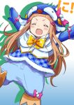  1girl :d \o/ animal_costume arms_up bowtie brown_hair closed_eyes fang hair_ornament hairclip ichihara_nina idolmaster idolmaster_cinderella_girls kingin long_hair mittens open_mouth outstretched_arms penguin_costume smile solo 