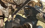  arena blonde_hair dress elona fighting golden_knight_(elona) greaves rueken silver_witch_(elona) sword weapon 