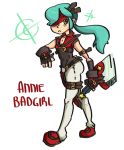  1girl alternate_hairstyle annie_(skullgirls) artist_request cosplay crossdressinging eyepatch fingerless_gloves gloves green_hair guilty_gear headband pants ponytail skullgirls sol_badguy sol_badguy_(cosplay) solo sword weapon yellow_eyes 