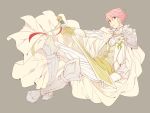  1boy a082 alternate_costume azur_(fire_emblem) boots brown_eyes cloak cravat earrings fire_emblem fire_emblem:_kakusei flower gloves greaves grey_background hair_between_eyes holding jacket jewelry looking_at_viewer male pink_hair ribbon simple_background single_earring smile sword weapon white_gloves 