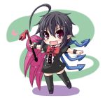  1girl ahoge asymmetrical_wings black_dress black_hair black_legwear bow chibi crowbar dress fang houjuu_nue huge_ahoge ichimi looking_at_viewer open_mouth outstretched_arms pointy_ears red_eyes short_sleeves smile snake solo thigh-highs touhou wings wristband zettai_ryouiki 