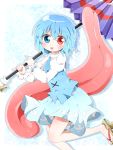  1girl :p bare_legs blue_eyes blue_hair blush geta heterochromia highres karakasa_obake kyapinetzu red_eyes short_hair skirt smile solo tatara_kogasa tongue touhou umbrella 