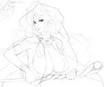  1girl armlet bangle bracelet breasts breath_of_fire cleavage deis eu03 hood huge_breasts jewelry lamia long_hair monochrome monster_girl sketch solo wand 