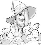  1girl breasts cleavage down_blouse hair_over_one_eye hands_on_knees hat large_breasts little_witch_academia long_hair monochrome sho-n-d smile solo sucy_manbabalan witch witch_hat 