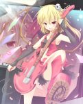  1girl alternate_costume blonde_hair boots fang flandre_scarlet guitar highres instrument open_mouth pen-zin red_eyes short_hair solo touhou 