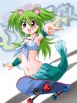 1girl fish_tail green_hair highres jewelry long_hair mermaid monster_girl muromi-san namiuchigiwa_no_muromi-san necklace open_mouth red_eyes scales seashell shell skateboard smile solo twintails victory_pose 