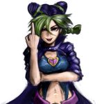  1girl :p black_hair ceramic_man double_bun green_hair highres jojo_no_kimyou_na_bouken kuujou_jolyne long_coat middle_finger midriff multicolored_hair solo two-tone_hair violet_eyes 