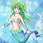  1girl fish_tail green_hair jewelry long_hair mermaid monster_girl muromi-san namiuchigiwa_no_muromi-san necklace red_eyes scales seashell shell smile solo twintails 