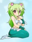 1girl fish_tail green_hair jewelry long_hair mermaid monster_girl muromi-san namiuchigiwa_no_muromi-san necklace red_eyes scales seashell shell smile solo twintails yami_0228 