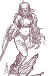  1girl armor breasts dated gloves high_heels kusagami_style monochrome navel predator predator_(film) shoes signature sketch solo thigh-highs weapon white_background 