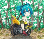  1girl ahoge aqua_eyes aqua_hair bikini_top boots double_bun gloves hatsune_miku headphones igo_miku looking_back motor_vehicle motorcycle shorts solo tree vehicle vocaloid 