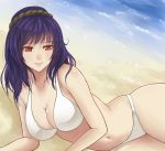  1girl beach bikini blue_hair breasts highres on_side red_eyes short_hair solo swimsuit touhou x&amp;x&amp;x yasaka_kanako 