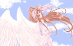  1girl aa_megami-sama ahoge backless belldandy brown_hair closed_eyes clouds dress earrings facial_mark forehead_mark hands_clasped jewelry large_wings long_hair pixel_art praying sky solo source_request sparkle very_long_hair wings 
