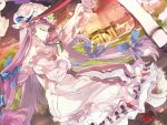  119 1girl arm_up book closed_eyes hat long_hair outstretched_arm patchouli_knowledge purple_hair solo touhou 