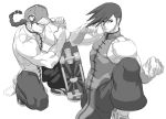  2boys baggy_pants braid bridal_gauntlets brothers chinese_clothes fringe monochrome multiple_boys muscle oetarou siblings single_braid skateboard sleeveless standing_on_one_leg street_fighter street_fighter_iii street_fighter_iv yang_lee yun_lee 