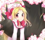  1girl blonde_hair bow capelet cherry_blossoms dress ginji74 hanging hat hat_bow lily_white long_hair looking_at_viewer pink_eyes solo touhou tree white_dress 